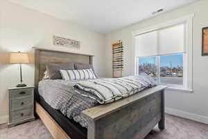 Bedroom featuring light colored carpet