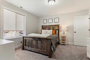 Bedroom with light colored carpet