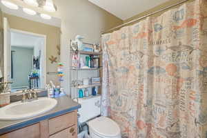 Bathroom featuring a shower with curtain, vanity, and toilet