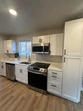 Kitchen with light wood-type flooring, stainless steel appliances, white cabinetry, and sink