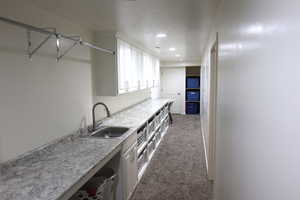 Kitchen featuring white cabinetry, sink, and light colored carpet