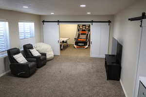 Sitting room with carpet and a barn door