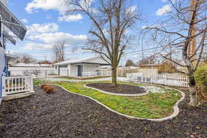 View of the backyard and garage