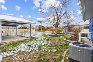 Backyard with covered patio and fenced off garden area