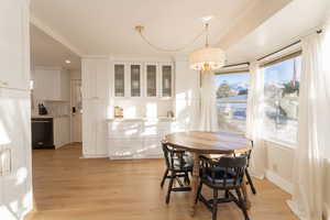 Dining space featuring a chandelier, light wood-type flooring, and a healthy amount of sunlight