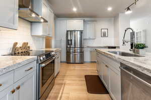 Kitchen with backsplash, sink, stainless steel appliances, and wall chimney range hood