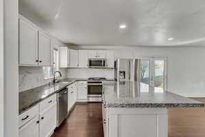 Kitchen featuring white cabinetry, sink, a center island, tasteful backsplash, and appliances with stainless steel finishes