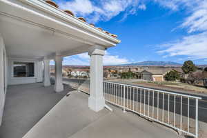 View of patio / terrace featuring a mountain view