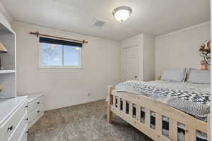 Carpeted bedroom with crown molding