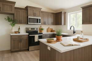 Kitchen featuring a sink, light countertops, stainless steel appliances, and light wood finished floors