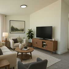 Living room with carpet floors and baseboards