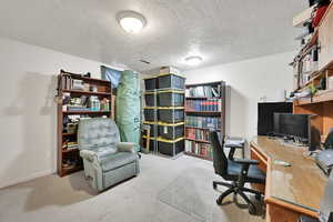 Carpeted home office featuring a textured ceiling