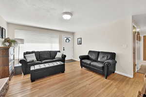 Living room featuring light hardwood / wood-style floors and a textured ceiling