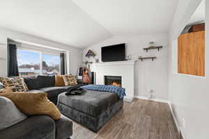 Living room featuring a fireplace, vaulted ceiling, and light hardwood / wood-style flooring