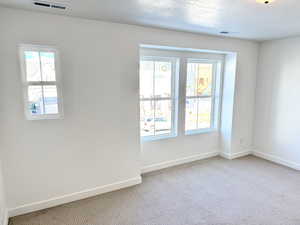 Carpeted empty room featuring a textured ceiling and a healthy amount of sunlight