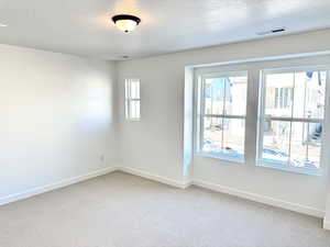 Empty room featuring carpet and a textured ceiling