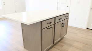 Kitchen with a center island and light hardwood / wood-style floors