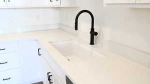Interior details featuring sink and white cabinets