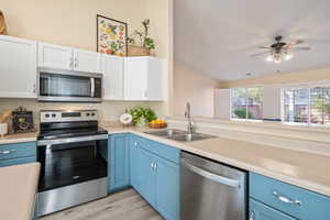 Kitchen featuring sink, blue cabinetry, white cabinetry, and appliances with stainless steel finishes