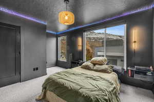 Carpeted bedroom featuring a textured ceiling