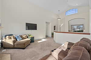 Family room with light colored carpet, high vaulted ceiling, and stairs that lead to basement.