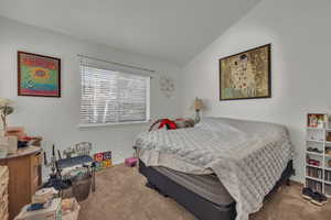 Bedroom featuring carpet flooring and lofted ceiling