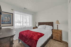 Bedroom featuring light carpet and a textured ceiling