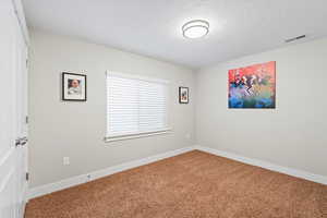 Carpeted spare room featuring a textured ceiling