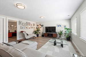 Living room featuring light hardwood / wood-style flooring and a textured ceiling