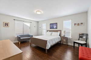 Bedroom featuring a textured ceiling, dark wood-type flooring, and multiple windows