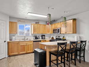 Kitchen with a breakfast bar, sink, light hardwood / wood-style flooring, appliances with stainless steel finishes, and kitchen peninsula