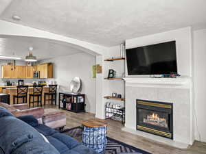 Living room featuring light hardwood / wood-style floors and a tile fireplace