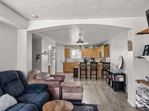 Living room with light hardwood / wood-style floors and sink