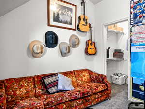 Carpeted living room featuring a textured ceiling