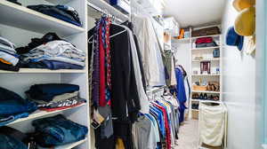 Deep walk in closet featuring light colored carpet