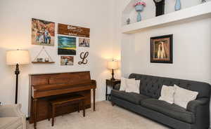 Living room with light carpet