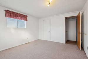 Unfurnished bedroom with carpet floors, a textured ceiling, and a closet