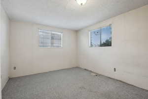 Empty room with carpet and a textured ceiling