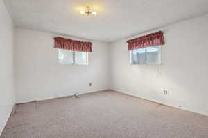 Unfurnished room with carpet and a textured ceiling