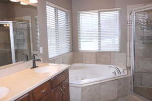 Master Bathroom featuring shower with separate jetted bathtub, 2 sink vanity, and a healthy amount of sunlight