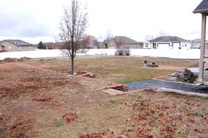 View of large back yard with vinyl fence and drive-through gate