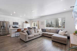 Living room with sink, dark wood-type flooring, and a textured ceiling