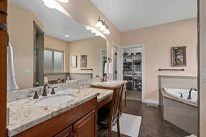 Bathroom featuring tile patterned flooring, vanity, and a bathtub