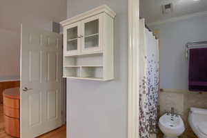 Bathroom featuring crown molding, a bidet, a textured ceiling, toilet, and hardwood / wood-style flooring