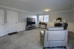 Carpeted living room with ornamental molding