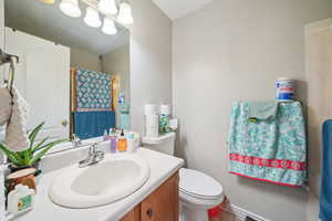Bathroom with vanity, a shower with shower curtain, and toilet