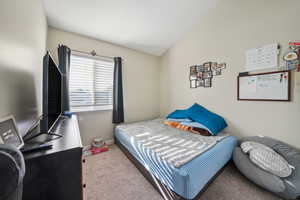 Bedroom with light colored carpet and lofted ceiling