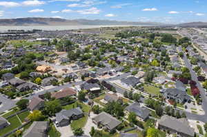 Bird's eye view with a water and mountain view