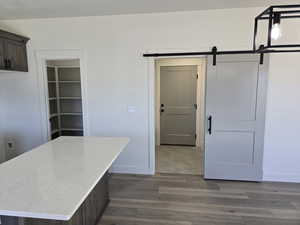 Kitchen featuring dark brown cabinets, a barn door, a center island, and dark wood-type flooring