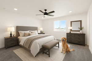 Bedroom with baseboards, light carpet, recessed lighting, and a ceiling fan